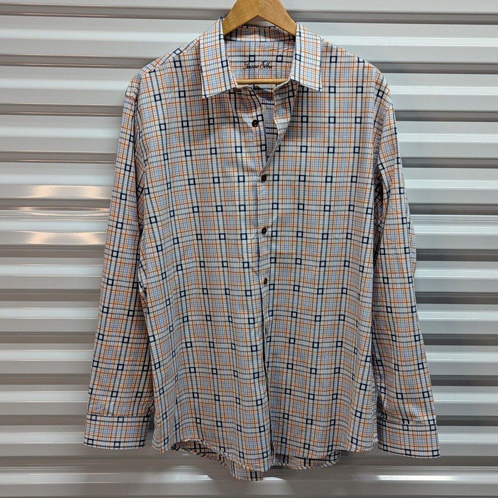 Tasso‎ Elba Size XL White Blue Orange Plaid Long Sleeve Button Front Shirt